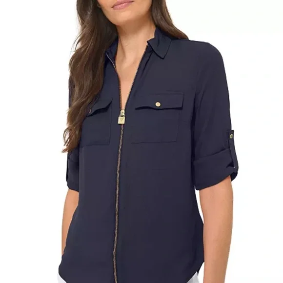 Michael Kors Navy Zipper-Down Blouse. Size Medium - Picture 1 of 4